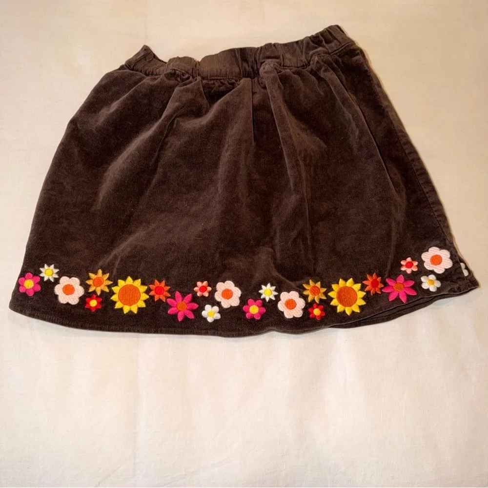 Gymboree Girls Brown Corduroy Skirt Floral Embroidered Flower Hem - Size 7